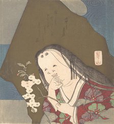 Otafuku Holding a Branch of Double White Cherry Blossoms, ca. 1840. Creator: Watanabe Kazan.