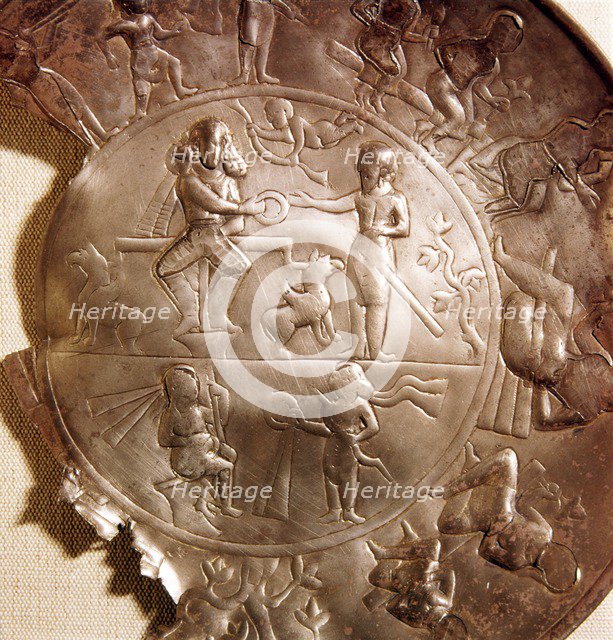 Sassanian Silver Dish (detail), people with weapons, circa late 4th century. Artist: Unknown.