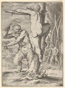 Satyr whipping a nymph, who is shown from behind and bound to a tree, a second saty..., ca. 1590-95. Creator: Agostino Carracci.
