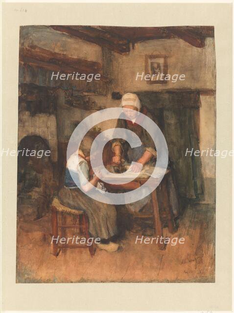 Interior with woman ironing and a child sewing, 1854-1914. Creator: Albert Neuhuys.