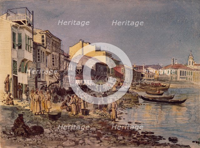 Russian Soldiers at the Embankment in San Stefano, 1878. Artist: Makarov, Evgeni Kirillovich (1842-1884)