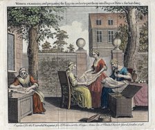 Women examining silk moth eggs and putting them in boxes for hatching into caterpillars, 1748. Artist: Unknown