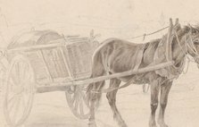 A Cart Drawn by a Brown Horse Near a Lamp Pole; Verso: A Group of Mounted Officers, ca. 1815. Creator: Johann Adam Klein.