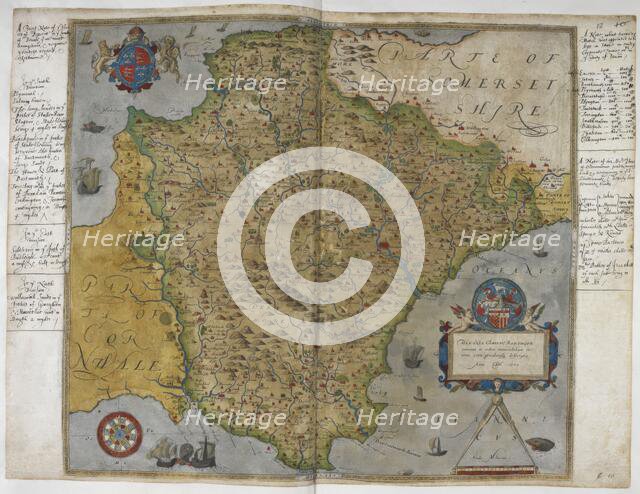 Printed map of Devon, dated 1575, with marginal notes by Lord Burghley relating to..., 1579. Creator: Christopher Saxton.