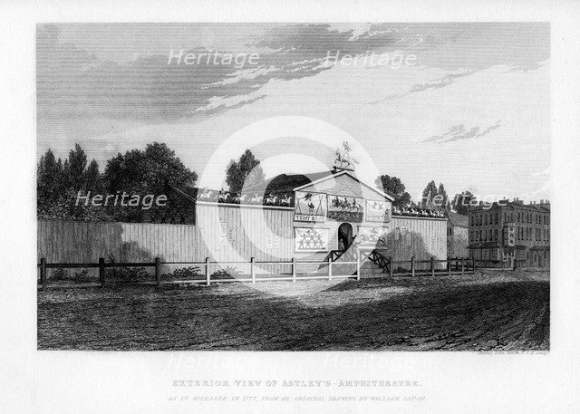 Exterior view of Astley's Amphitheatre in London as it appeared in 1777, (1840). Artist: William Capon