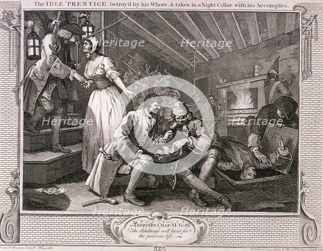 'The idle 'prentice betray'd by his whore ...', plate IX of Industry and Idleness, 1747. Artist: William Hogarth