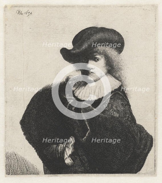 Self-portrait in a soft hat and embroidered cloak, 1634. Creator: Rembrandt van Rhijn (1606-1669).
