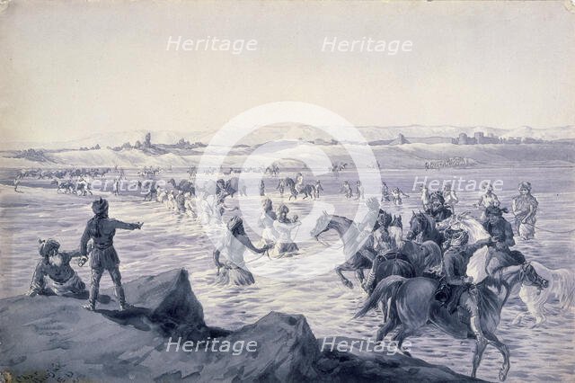 Crossing the Helmund at Chahar Burjak, Afghanistan, 1884. Creator: Sir Edward Law Durand.
