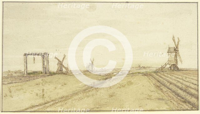 Flat landscape with windmills and gallows. Creator: Gillis Neyts.