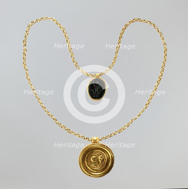 Necklace with Gold Marriage Medallion..., Byzantine, 400-450 (medallion); 100-200 (amulet). Creator: Unknown.