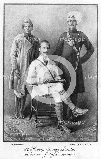 'Arnold Henry Savage Landor (1865-1924) and his two faithful servants', 1898. Artist: Unknown