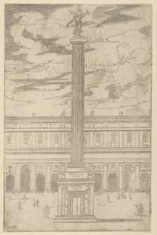Triumphal column with female figure of Fame holding a trumpet at the top, a temporary deco..., 1598. Creator: Guido Reni.