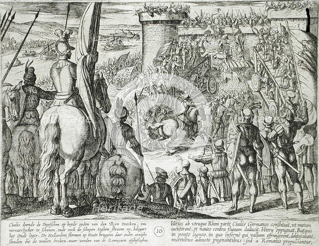 Civilis Using Movable Wooden Bridges to Attack a Fortress, Publshed 1612. Creator: Antonio Tempesta.