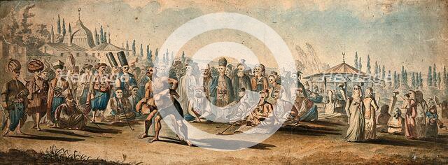 Spectators watching a wrestling match in a street in Turkey (?), (between 1800 and 1899?). Creator: Unknown.