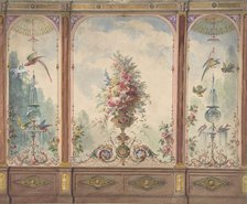Design for a Wall with a Flower Vase, Birds, Two Gold Fish and Globe Fountains, 19th century. Creator: Anon.