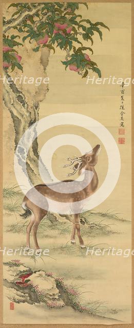 Symbols of Longevity: Deer under Peach and Pine (Pine) (right), 1801. Creator: Toda Tadanaka (Japanese, 1761-1823).
