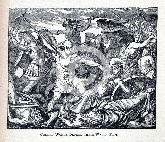 Cimbric Women Defend Their Wagon Fort, 1882. Artist: Anonymous  