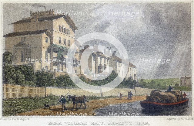 Horse hauling a barge on the Regent's Canal at Park Village East, London, 1829. Artist: W Radcliff