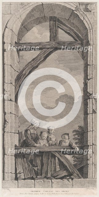 The Chapel of the Enfants-Trouvés in Paris: Religieuse et petites filles regardant la crèc..., 1756. Creator: Etienne Fessard.