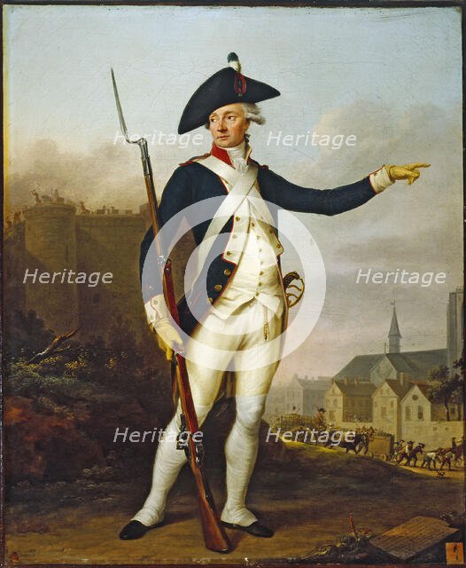 Citizen Nau-Deville, in National Guard uniform, transporting a convoy of weapons and ammun..., 1790. Creator: Jean Francois Marie Bellier.
