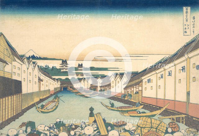 Nihonbashi in Edo (Edo Nihonbashi), from the series Thirty-six Views of Mount Fuji ..., ca. 1830-32. Creator: Hokusai.