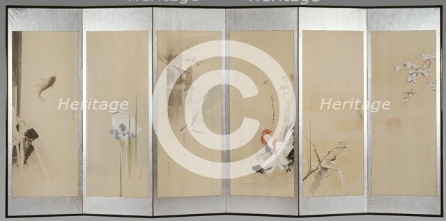 Six-fold screen depicting creatures and flowers of the twelve months, 1900. Creator: Watanabe Seitei.