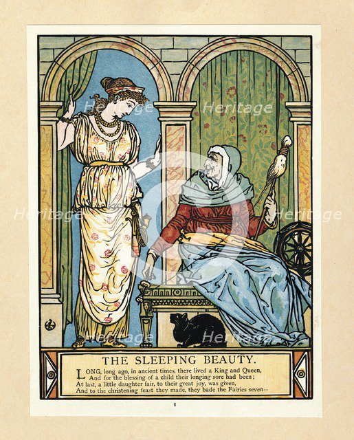 The Princess learns to spin, from The Blue Beard Picture Book, pub. 1879 (colour lithograph), 1879. Creator: Walter Crane (1845 - 1915).
