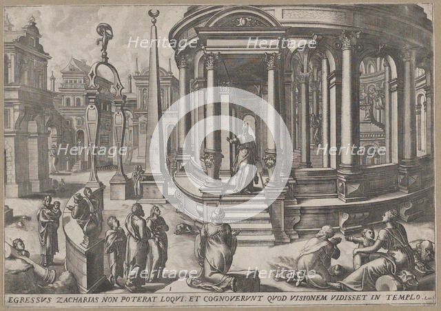 Zacharias Stepping out of the Temple, from the series Events in and around the Temple,..., ca. 1572. Creators: Johannes van Doetecum I, Lucas van Doetecum.