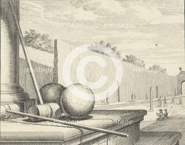 Croquet Attributes with croquet players in the background, 1714. Creator: Vinne, Vincent Laurensz, van der (1629-1702).
