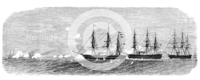 The War in Denmark: Danish cruisers of Rügen chasing a Prussian flotilla into Swinemünde..., 1864. Creator: Unknown.