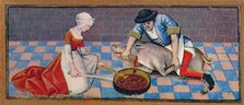 November - slaughtering the pig, 15th century, (1939). Creator: Robinet Testard.