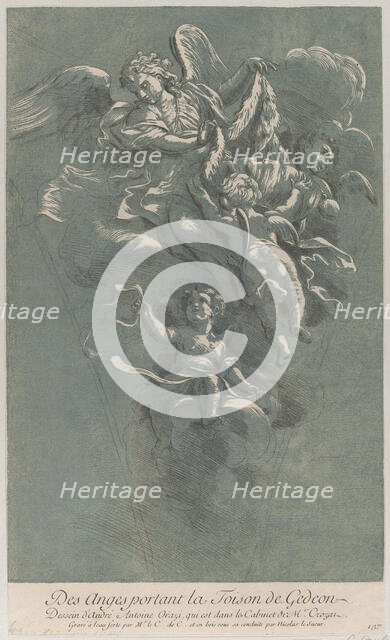 Three angels carrying Gideon's fleece; from 'Recueil d'estampes d'après les plus be..., ca. 1729-64. Creators: Caylus, Anne-Claude-Philippe de, Nicolas Le Sueur.