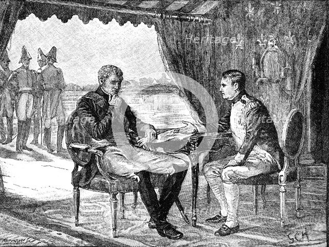 Alexander I Russia and Napoleon I (Bonaparte) of France at Tilsit, 1807 (c1880). Artist: Unknown