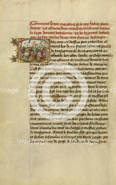 Initial B: A Battle Scene; Roman de Gillion de Trazegnies, 1464. Creators: Lieven van Lathem, David Aubert.