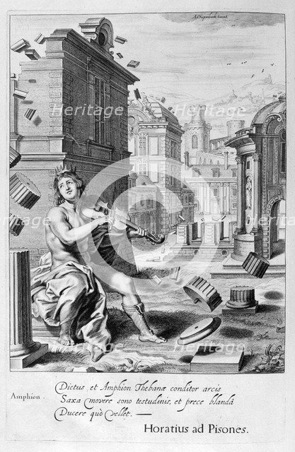 Amphion builds the walls of Thebes by the music of his violin, 1655. Creator: Unknown.
