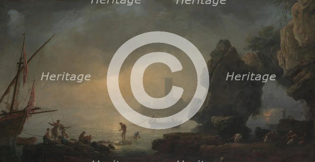 Harbor Scene with a Grotto and Fishermen Hauling in Nets. Creator: Unknown.