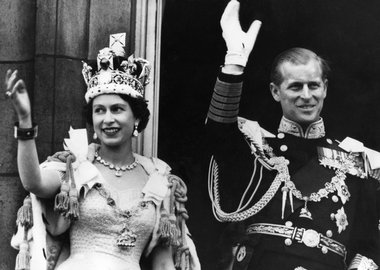 Thumbnail image of Queen Elizabeth II and the Duke of Edinburgh on their coronation day, Buckingham Palace, 1953. Artist: Unknown