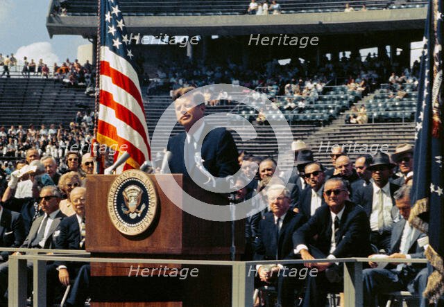 President Kennedy makes his 'We choose to go to the Moon' speech, Rice University, 1962. Creator: NASA.