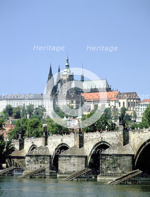 The Charles Bridge the castle and St Vitus Cathedral, Prague, Czech Republic