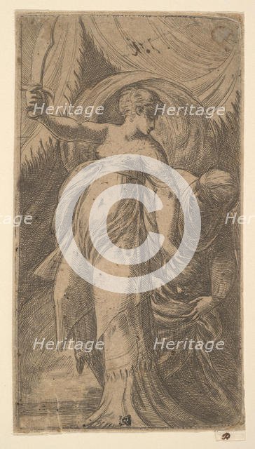 Judith with her sword raised in her right hand and placing the head of Holofernes i..., ca. 1540-45. Creator: Andrea Schiavone.