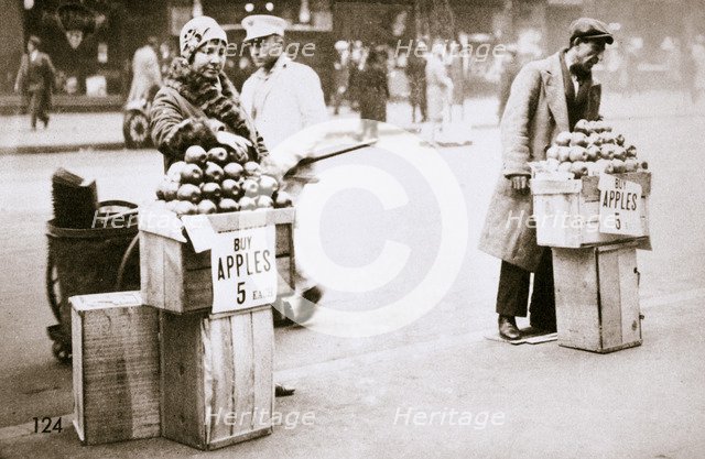 Jobless New Yorkers selling apples on the pavement, Great Depression, New York, USA, 1930. Artist: Unknown