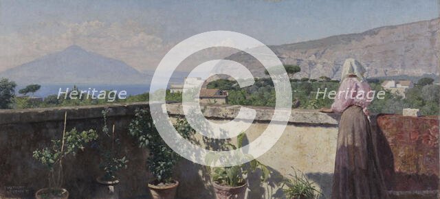 Woman on the terrace of the Cocumella hotel. View of Vesuvius, 1897. Creator: Henry Brokman.