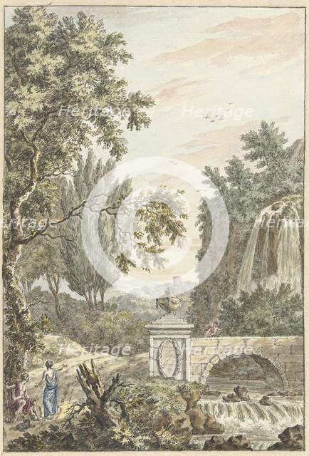 Arcadian forest landscape with a waterfall, a bridge and three young men, 1780. Creator: Dirk Versteegh.