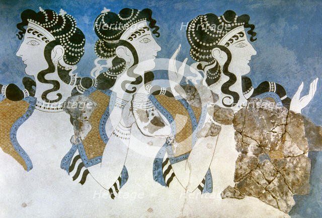 Ladies in Blue fresco, Palace of Knossos, Minoan, Crete, Greece, Bronze Age, MM IIB period (2000). Creator: Unknown.