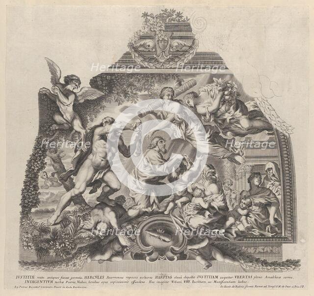 Plate 6: Allegory with Hercules chasing off the Harpies as Justice and Plenty aid the ..., ca. 1677. Creator: Anon.