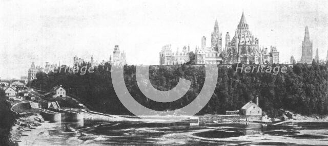 ''Le Palais du Parlement Canadien a Ottawa.- Vue d'ensemble des batiments dominant la riviere.',1916 Creator: Unknown.