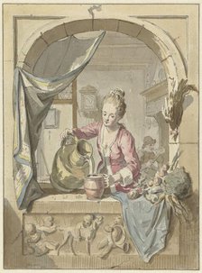 Woman pours milk from a jug, in a window, 1748-1798. Creator: Willem Joseph Laquy.