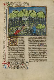 Hunters Cutting Trees to Make Traps; Livre de la Chasse, about 1430-1440. Creator: Unknown.