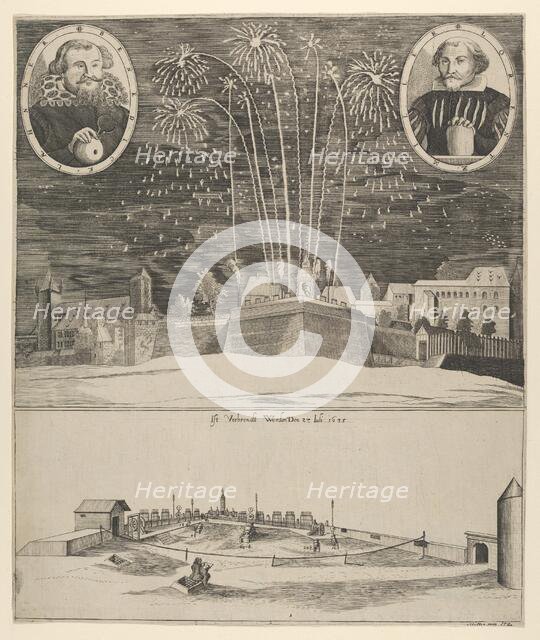 Fireworks display by Lorenz Müller as proof of his mastership, Nuremberg , 1635. Creator: Anon.
