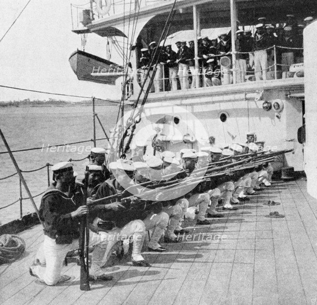 Japanese marines drilling on board the warship 'Mikasa', Russo-Japanese War, 1904-5. Artist: Unknown